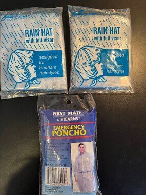 Lot of 2 Vintage Betty Dain Rain Hats & 1 First Mate Emergency Poncho